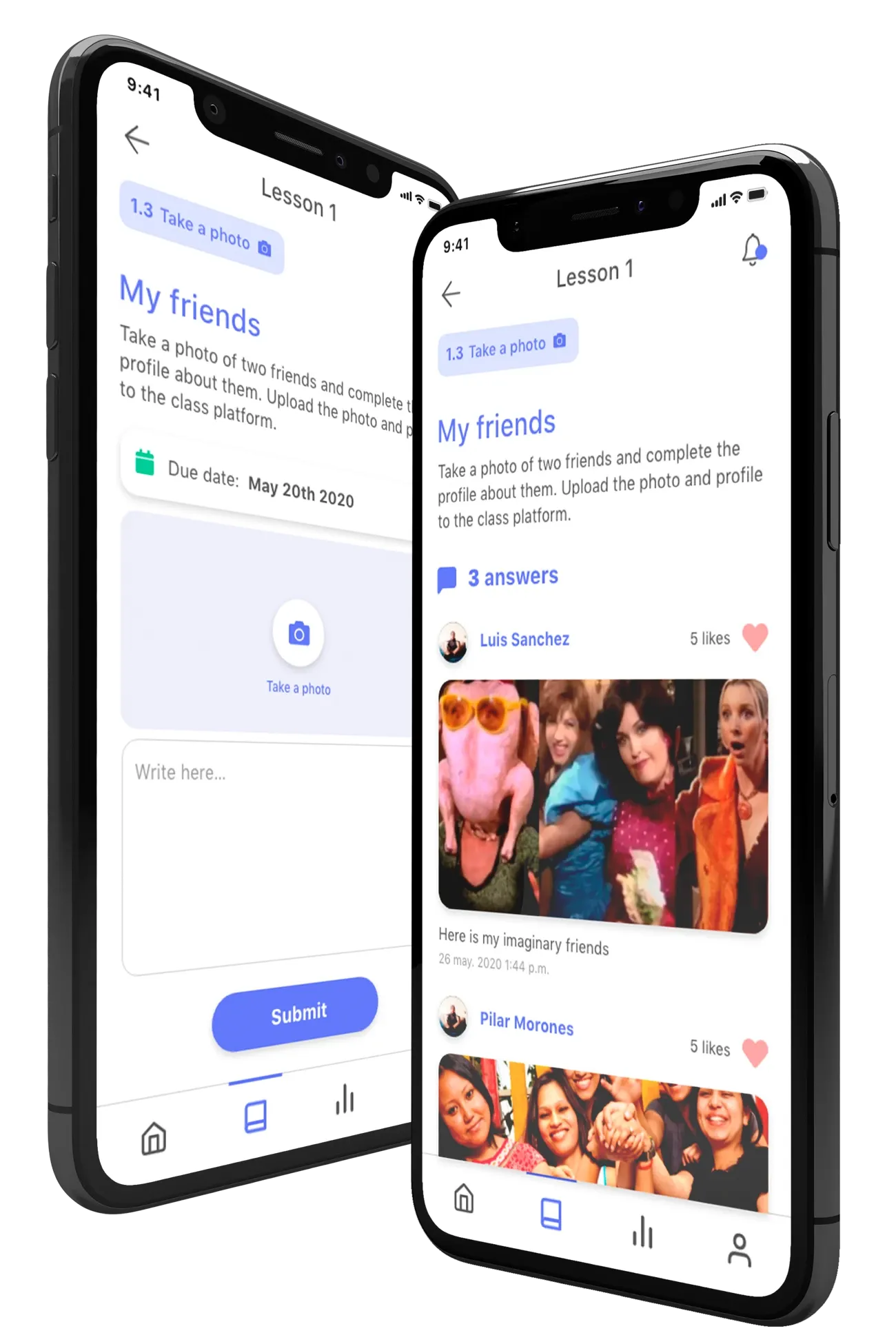 La app LoginNow en dos teléfonos: una actividad para subir una foto y las respuestas del grupo.