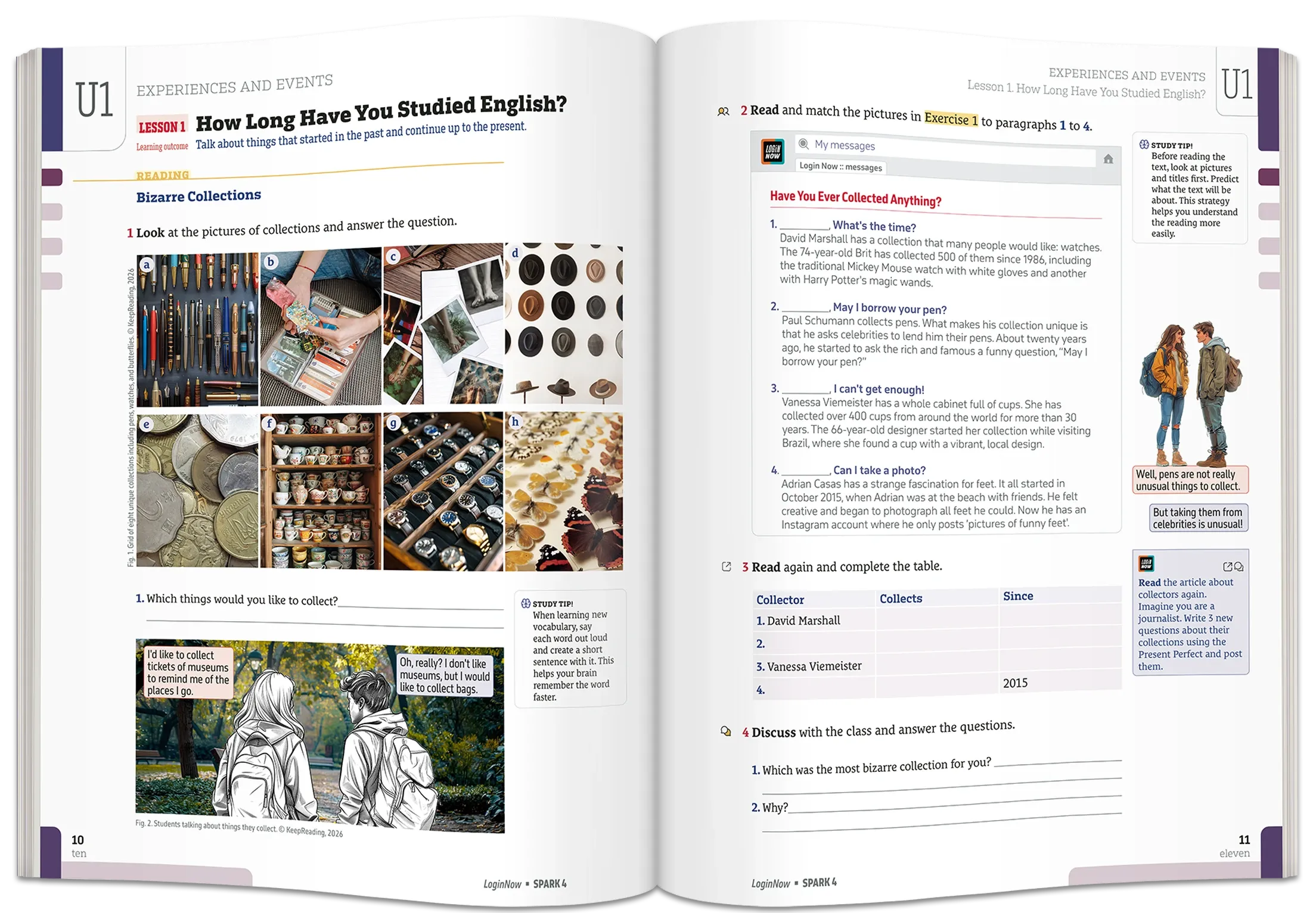 A spread from Spark 4: lesson 1 of unit 1, with a reading, activities and a Study Tip.