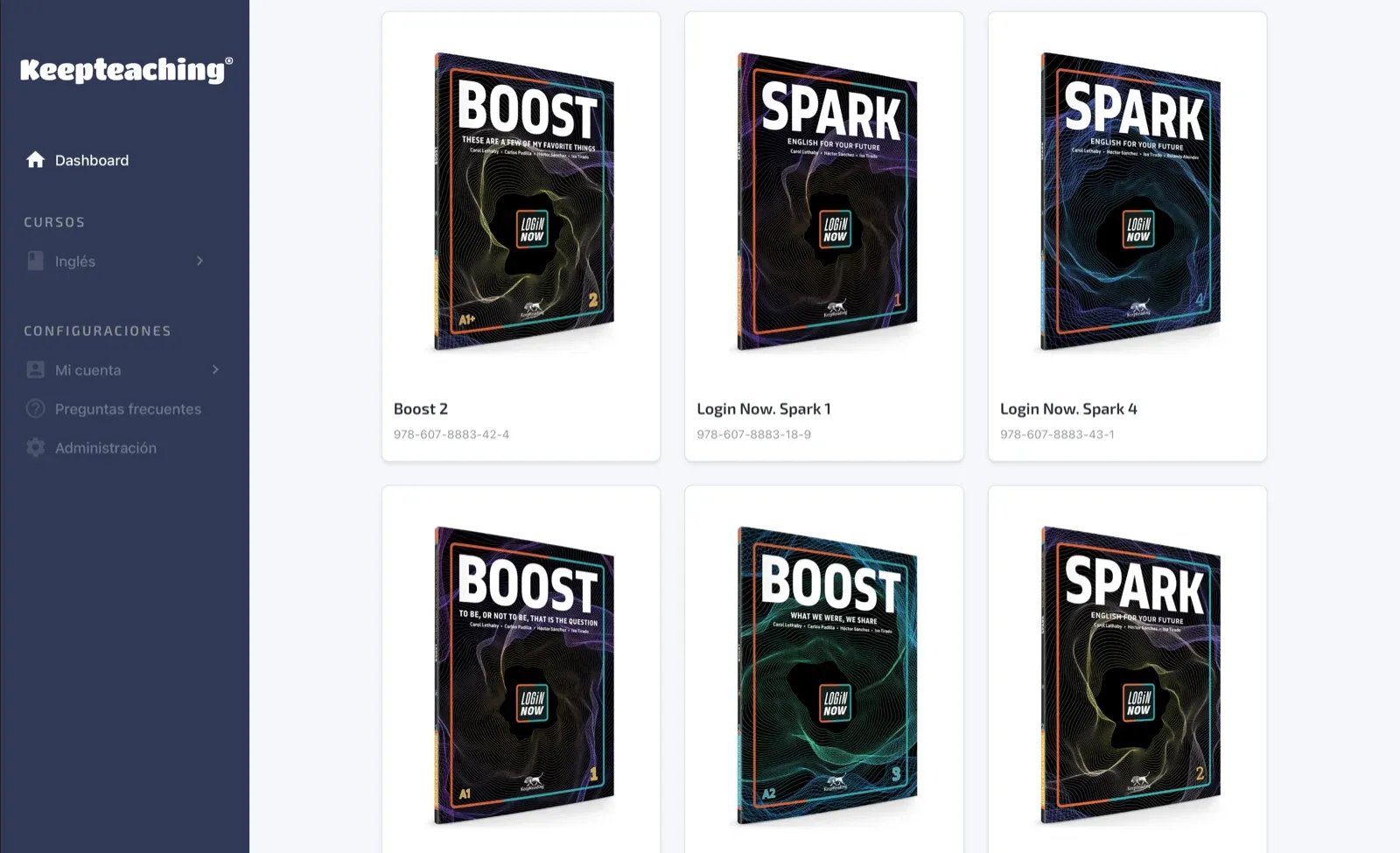 KeepTeaching: el tablero del docente con sus libros de Boost y Spark.